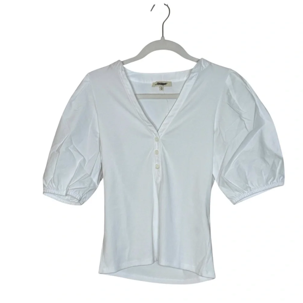MADEWELL V-Neck Puff Sleeved Mixy Top Blouse NWT S Classic White